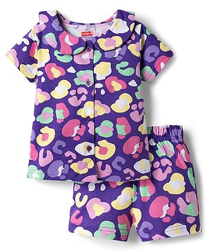 Babyhug Cotton Knit Half Sleeves Printed Top & Shorts Co-Ord Night Suit - Purple