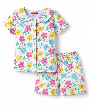 Babyhug Cotton Knit Half Sleeves Co-Ord Peter Pan Collared Top & Shorts Night-Suit With Floral Print - White