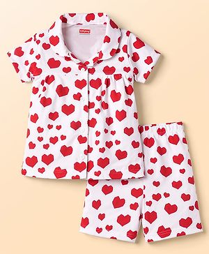 Babyhug Cotton Knit Half Sleeves Co-Ord Top & Shorts Night-Suit With Heart Print - White & Red