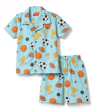 Babyhug Cotton Knit Half Sleeves Shirt & Shorts Co-ord Night Suit With Sports Print - Light Blue