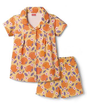 Babyhug Cotton Knit Half Sleeves Tropical Theme Printed Co-Ords Top & Shorts Night Suit - Yellow