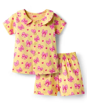 Babyhug Cotton Knit Half Sleeves Top
                              & Shorts Co-ord Night Suit With Heart
                              & Bow Print - Yellow