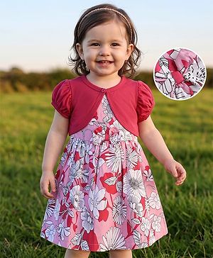 Babyhug Cotton Woven Half Sleeves Frocks with Shrug Floral Print White 0-3 Months