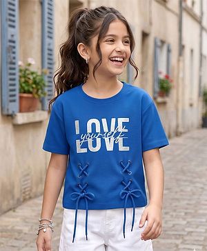Pine Kids Cotton Knit Half Sleeves T-Shirt With Love Yourself Print - Royal Blue