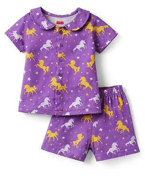 Babyhug Cotton Knit Half Sleeves Peter Pan Collared Co-Ords Top & Short Nigh Suit  With Unicorn Print - Purple