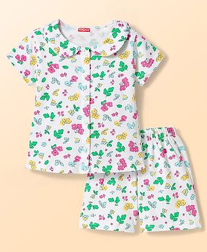 Babyhug Cotton Knit Half Sleeves Co-Ord T-Shirt & Shorts Night Suit With Floral - White
