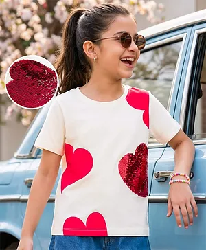 Pine Kids Cotton Knit Half Sleeves
                              T-Shirt With Heart Print & Reversible
                              Sequins - White