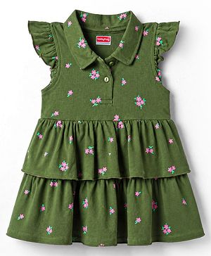 Babyhug Cotton Knit Half Sleeves Frock with Floral Print - Green