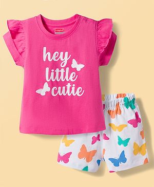 Babyhug Cotton Knit Half Sleeves T-Shirt & Shorts Night Suit With Butterfly Print - Dark Pink
