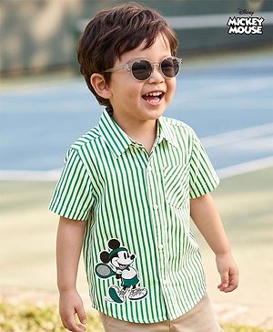 Babyhug Disney Poplin Woven Striped Shirt with Half Sleeves and Mickey Mouse Print - Green