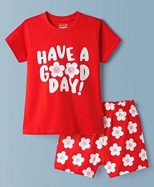 Babyhug Cotton Knit Half Sleeves T-Shirt & Shorts Night Suit With Floral Print - Red