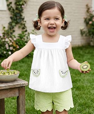 Babyhug Cotton Woven Frill Sleeves Top with Kiwi Embroidery & Shorts Set - White & Green