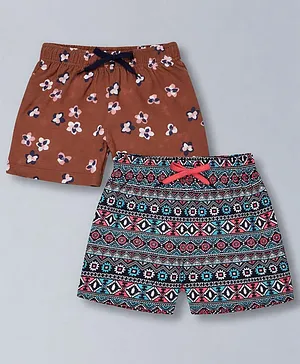 Plum Tree 100% Cotton Knit Pack Of 2
                              Floral & Abstract Printed Shorts -
                              Brown & Multi Colour
