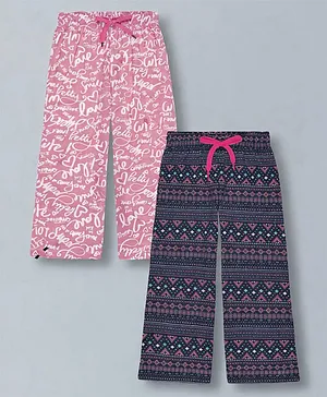 Plum Tree 100% Cotton Knit Pack Of 2
                              Typography & Abstract Printed Wide Leg
                              Pants - Black & Pink