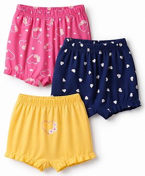 Babyhug 100% Cotton Single Jersey Knit Bloomer with Hearts & Floral Pack of 3 - Dark Pink Yellow & Navy