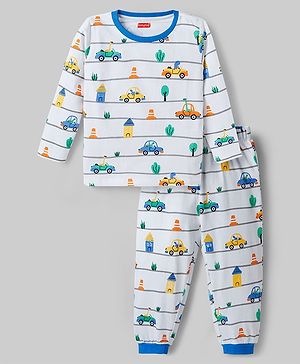 Babyhug Cotton Knit Full Sleeves Co-ords T-Shirt & Pajama Night Suit with Vehicle Print - White