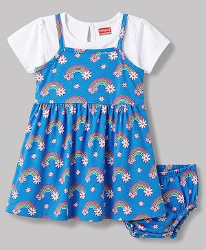 Babyhug Single Jersey Knit Frock & Bloomer With Half Sleeves Tee & Rainbow Print - Blue