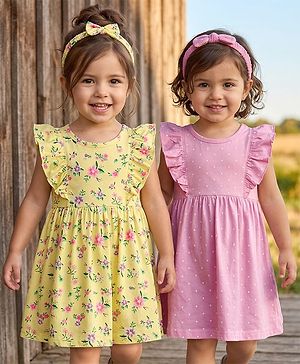 Babyhug Single Jersey Knit Frill Sleeves Polka Dot & Floral Printed Frocks With Headband Pack of 2 - Pink & Yellow