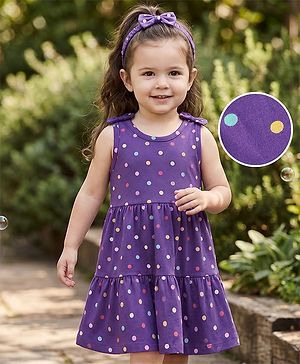 Babyhug Single Jersey Knit Sleeveless Tiered Frock & Headband With Polka Dot Print -Purple