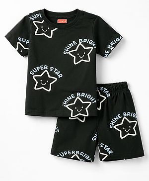Babyhug Cotton Knit Half Sleeves Co-Ord T-Shirt & Shorts Night-Suit With Star Print - Charcoal Grey