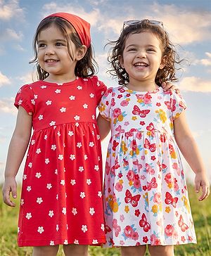 Babyhug Single Jersey Knit Half Sleeves Frocks With Floral Print Pack of 2 - White & Pink