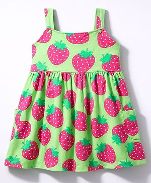 Babyhug Single Jersey Knit Sleeveless Strawberry Printed Frock - Green