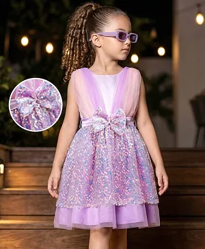 Hola Bonita Knit Sleeveless
                                  Sequinned Bow Applique & Glitter
                                  Party Dress With Belt - Lilac