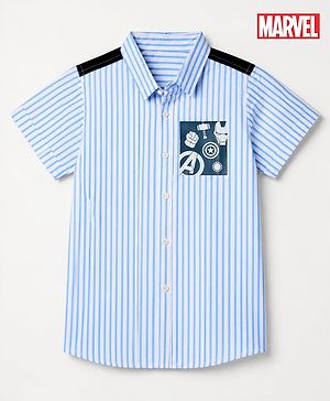 Pine Kids Marvel 100% Cotton Poplin Woven Striped Shirt with Half Sleeves and Avengers Superheroes Print in Light Blue