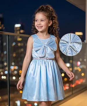 Hola Bonita Satin Woven Sleeveless
                              Party Dress With Belt & Big Bow with
                              Pearls - Blue
