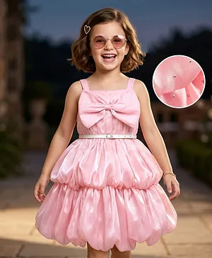 Hola Bonita Woven Sleeveless Tiered
                              Shiny Party Dress With Belt Bow &
                              Rhinestone Detailing - Pink