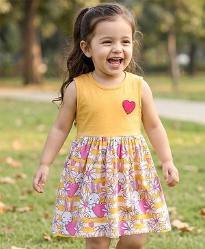 Babyhug Single Jersey Knit Sleeveless Floral & Bunny Printed Frock - Multicolour