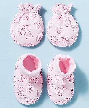 Babyhug 100% Cotton Interlock Knit Mittens & Booties With Floral Print - Pink