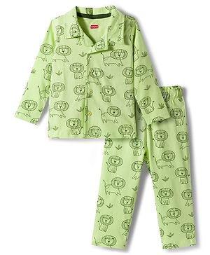 Babyhug Cotton Knit Full Sleeves Co-Ord Shirt & Pyjama Night-Suit With Lion Print - Green