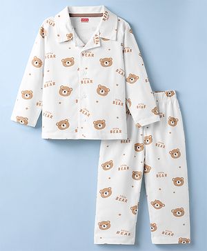 Babyhug Cotton Knit Full Sleeves Co-Ord Shirt & Pyjama Night-Suit With Bear Print - White