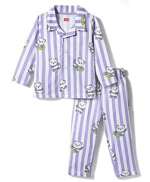 Babyhug Cotton Knit Full Sleeves Shirt & Pyjama Co-ord Night Suit With Panda Print - Lavender