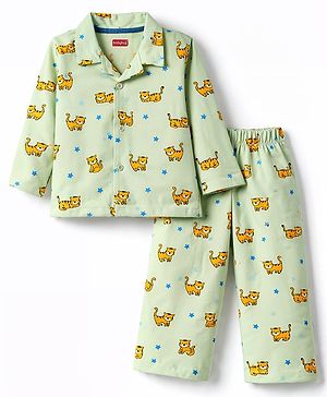 Babyhug Cotton Knit Full Sleeves Shirt & Pyjama Co-ord Night Suit With Tiger Print - Lime Green