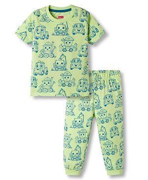 Babyhug Cotton Knit Half Sleeves Vehicles Printed Co-Ords  T-Shirt & Pyjama Night Suit - Light Green
