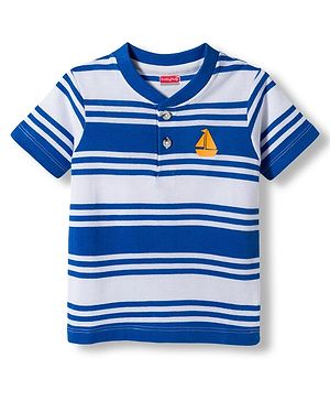 Babyhug Cotton Blend Knit Half Sleeves Striped Henley T-Shirt with HD Ship Graphic - Multicolor