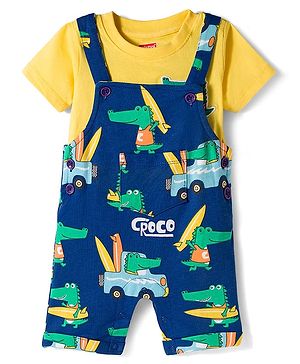 Babyhug 100% Cotton Single Jersey Knit Half Sleeves T-Shirt & Dungaree Set with Beach Theme Print - Yellow & Blue