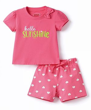 Babyhug Cotton Knit Half Sleeves T-Shirt & Shorts Co-ord Night Suit With Heart Print - Pink