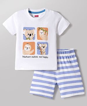 Babyhug Cotton Knit Half Sleeves T-Shirt & Shorts Night Suit With Koala & Sloth Print - White