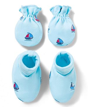 Babyhug 100% Cotton Interlock Knit Mittens & Booties With Boat Print - Blue