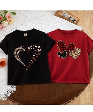 Luke and Lilly Cotton Blend Knit Pack Of 2 Half Sleeves Heart Printed Tees - Red & Black