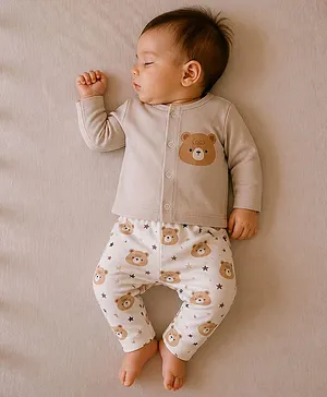 PREKIES Cotton Knit Full Sleeves
                              Teddy Bear Printed Tee & Pant Set -
                              Beige