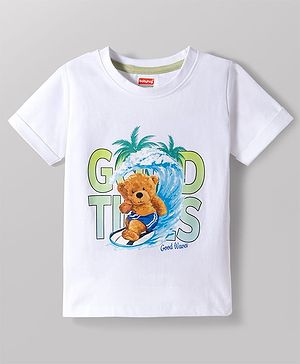 Babyhug Cotton Knit Half Sleeves T-Shirt with Bear Print - White