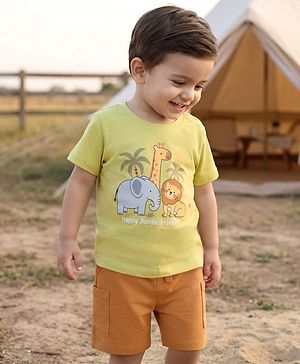 Babyhug Single Jersey Knit Half Sleeves T-Shirt & Shorts Set with Jungle Theme Print - Green & Brown