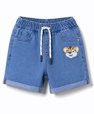 Babyhug Mid Thigh Denim Shorts with Tiger Print & Stretch - Blue