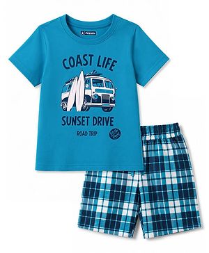 Pine Kids Cotton Knit Half Sleeves Beach Theme Printed & Checked T-Shirt & Shorts Night Suit - Blue