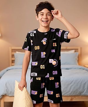 Pine Kids 100% Cotton Knit Half Sleeves Sports Theme printed Co-Ords T-Shirt & Shorts Night Suit - Black