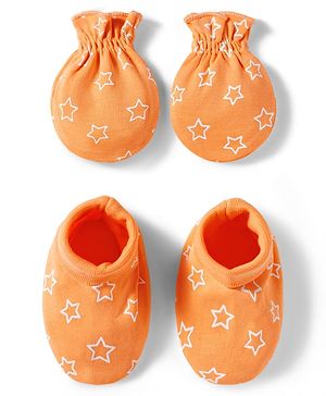 Babyhug 100% Cotton Knit Mittens & Booties Set with Star Print - Orange